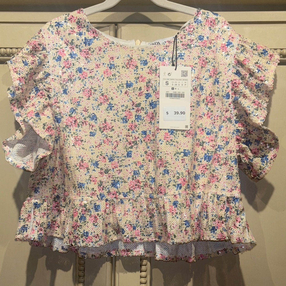 Zara Floral Ruffle sequin Top